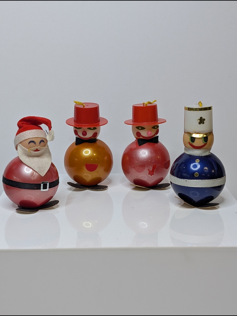 Vtg Hong Kong Roly-Poly Kitchy Christmas Tree Ornaments Santa Snowman Soldier